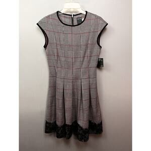Gabby Style Cap Sleeve Dress Womens 4‎ black White Houndstooth Lace accents NEW